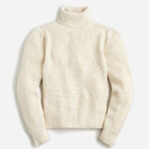 J.Crew Wool Blend Turtleneck Sweater Cropped Cream Textured Puff Sleeve Knit Top